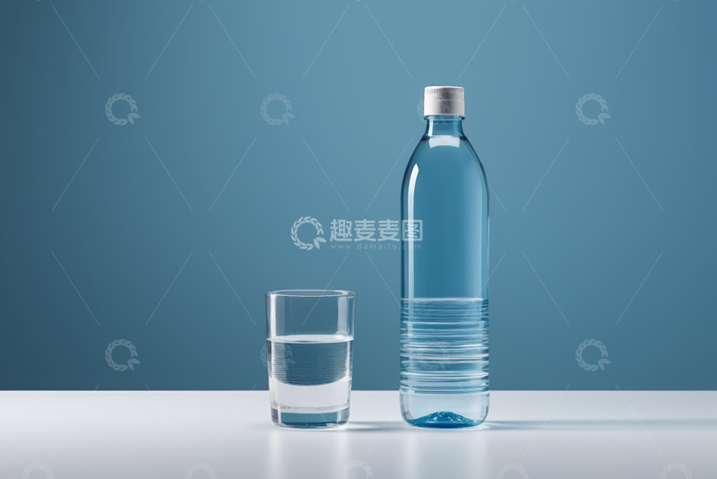 高清大图下载【趣麦麦图】蓝色背景下瓶装水与玻璃杯