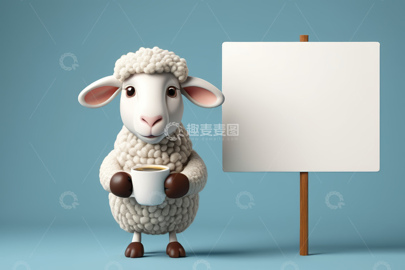 高清大图下载【趣麦麦图】卡通绵羊手持咖啡站在广告牌旁