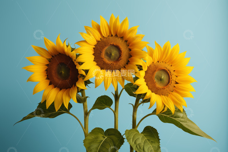 高清大图下载【趣麦麦图】蓝色背景下三朵向日葵
