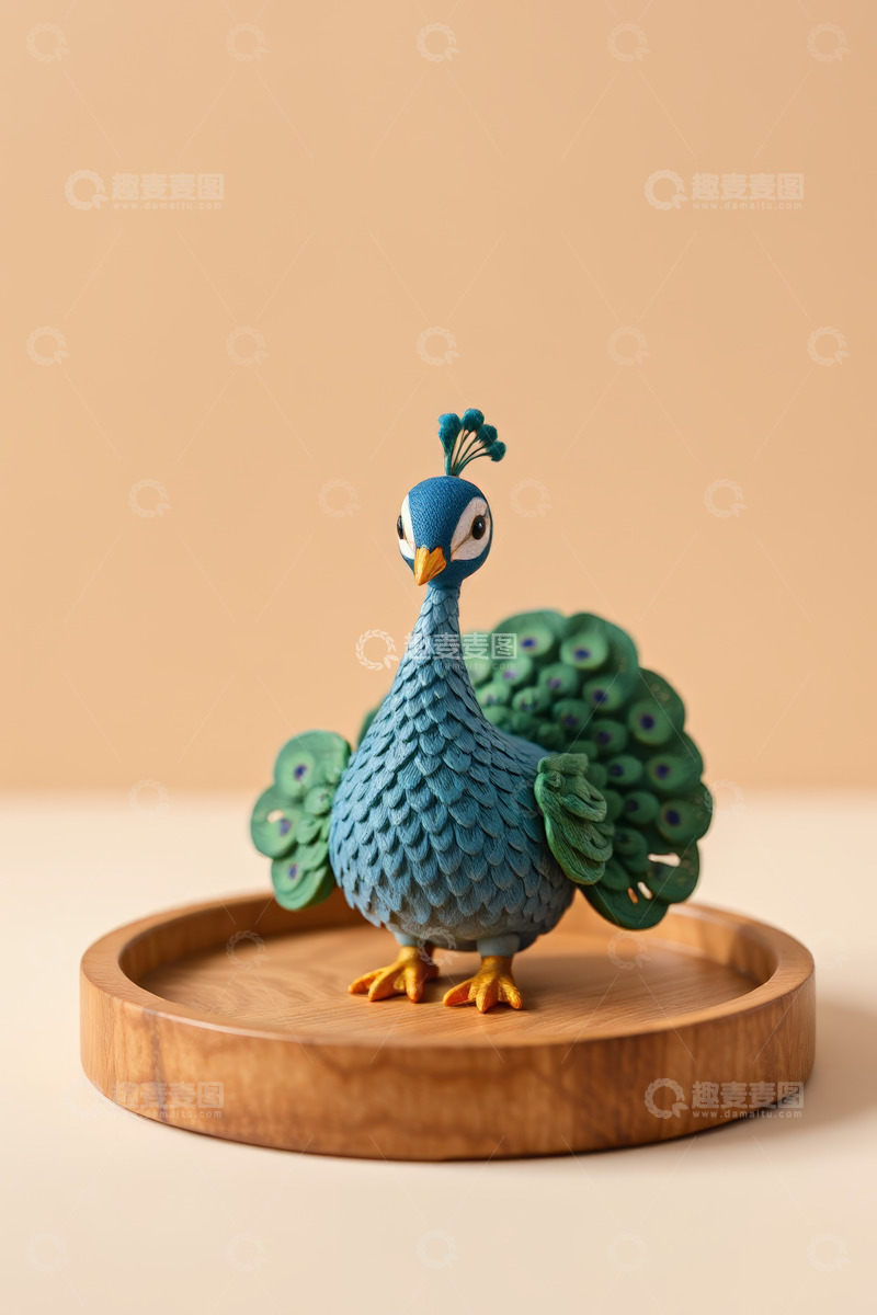 高清大图下载【趣麦麦图】木制托盘上的孔雀手工艺品