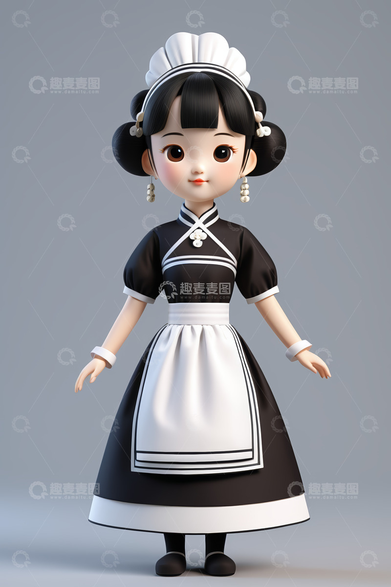 高清大图下载【趣麦麦图】中式女仆风格3D卡通女孩