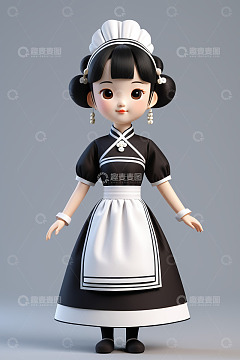中式女仆风格3D卡通女孩