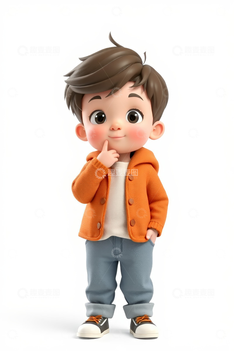 高清大图下载【趣麦麦图】穿橙色外套卡通男孩思考