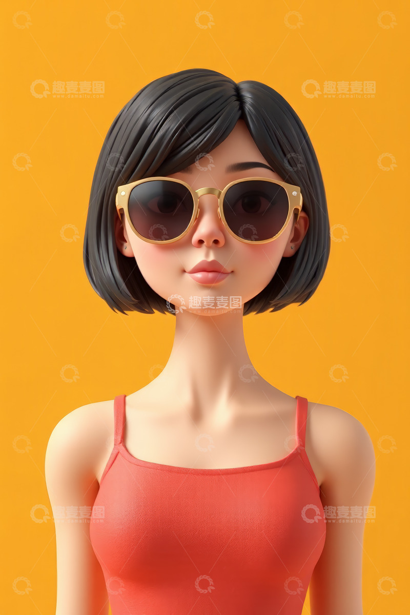 高清大图下载【趣麦麦图】戴墨镜的卡通短发女性形象