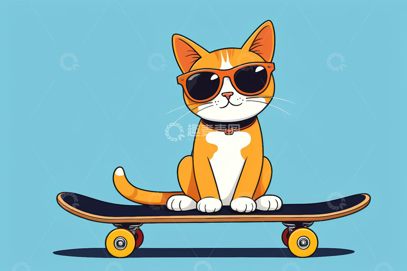 高清大图下载【趣麦麦图】戴墨镜猫咪坐滑板