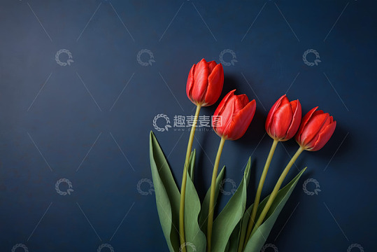 蓝色背景上的红色郁金香