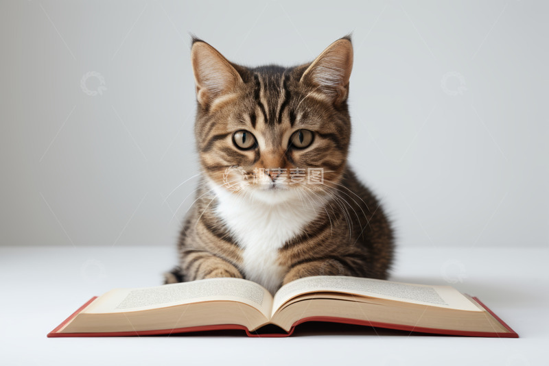 高清大图下载【趣麦麦图】猫咪趴卧在翻开的书本前