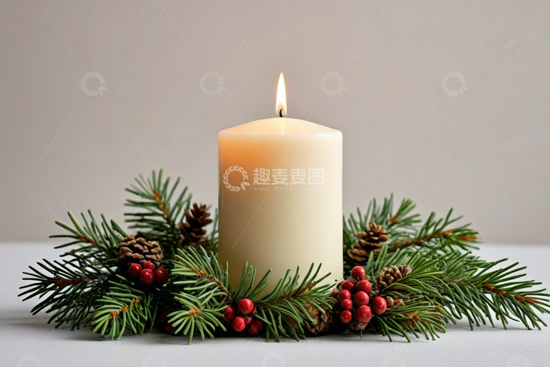 高清大图下载【趣麦麦图】点燃的圣诞蜡烛装饰特写