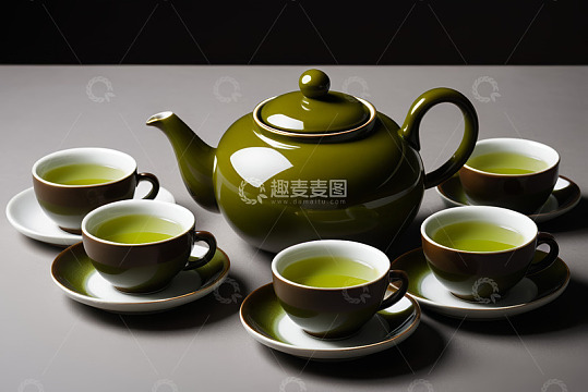 绿色茶壶与盛有茶的茶杯组合