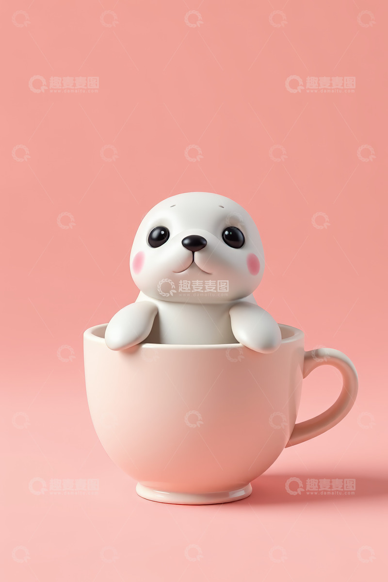 高清大图下载【趣麦麦图】粉色背景中杯内的可爱海豹玩偶