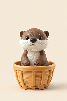 卡通水獭坐于竹篮