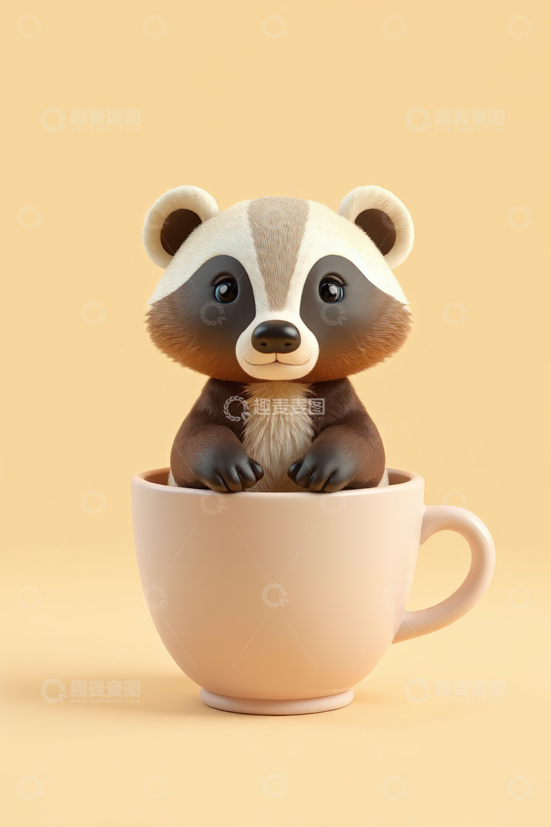 高清大图下载【趣麦麦图】卡通獾坐在咖啡杯里