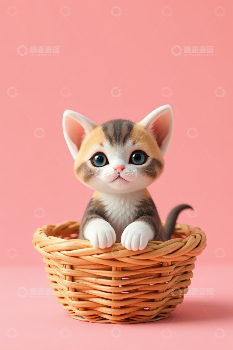 高清大图下载【趣麦麦图】粉色背景中篮子里的小猫