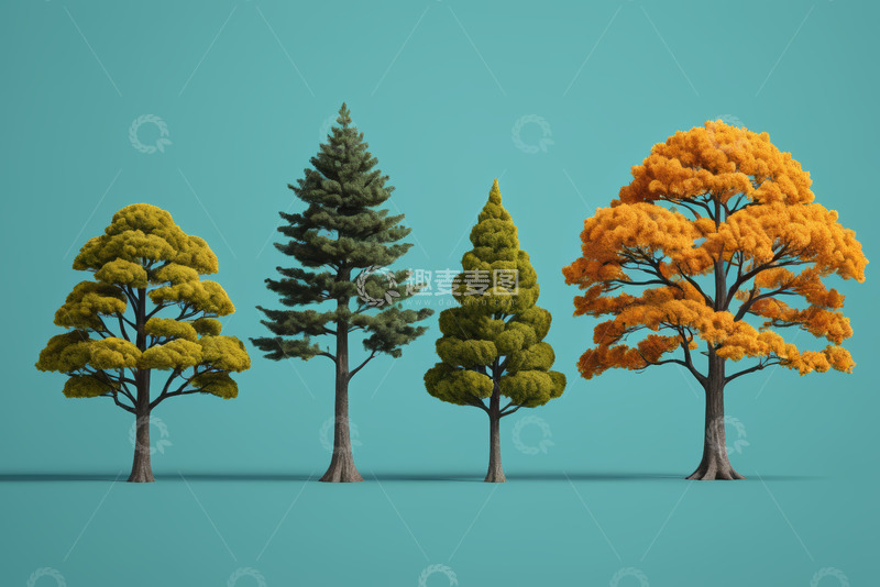 高清大图下载【趣麦麦图】四棵不同形态和颜色的树木