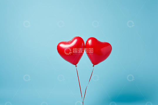 蓝色背景上的红色心形气球