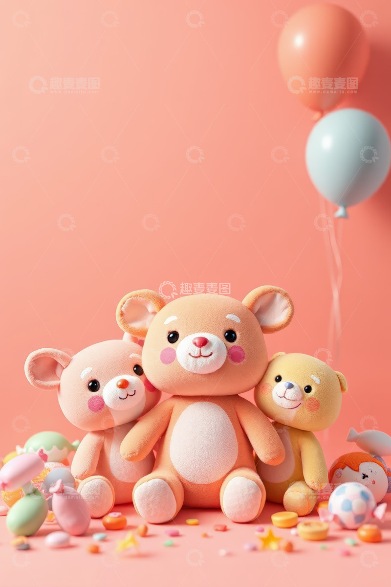 高清大图下载【趣麦麦图】粉色背景下可爱小熊玩偶组合
