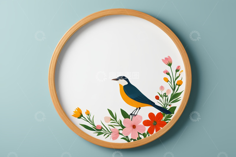 高清大图下载【趣麦麦图】圆形画框中鸟与花卉插画