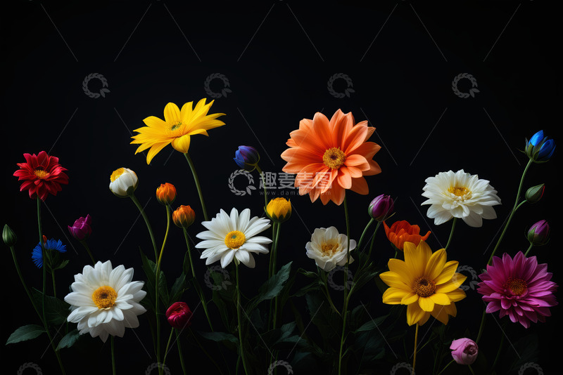 高清大图下载【趣麦麦图】多彩花卉黑色背景特写