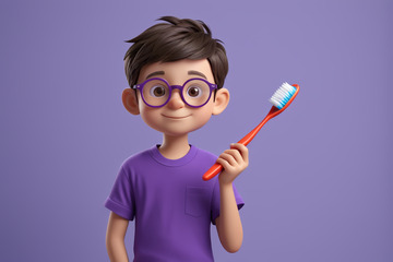 手持牙刷的卡通小男孩