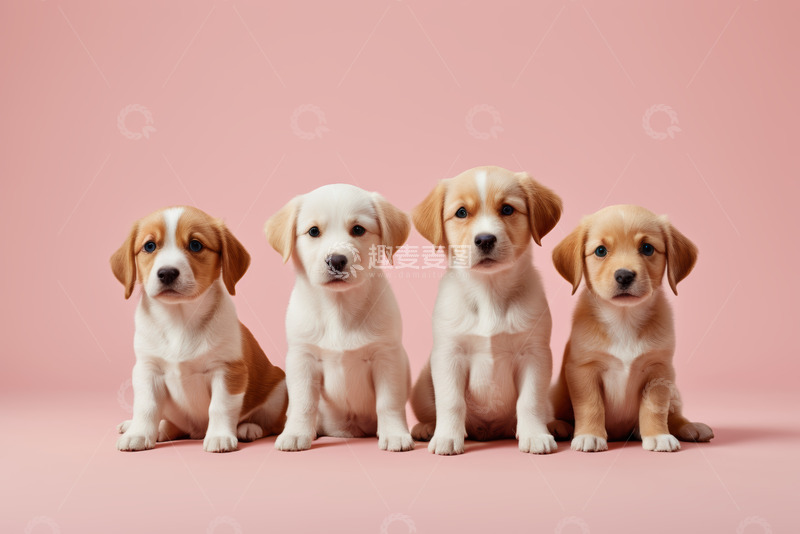 高清大图下载【趣麦麦图】四只小狗坐于粉色背景前