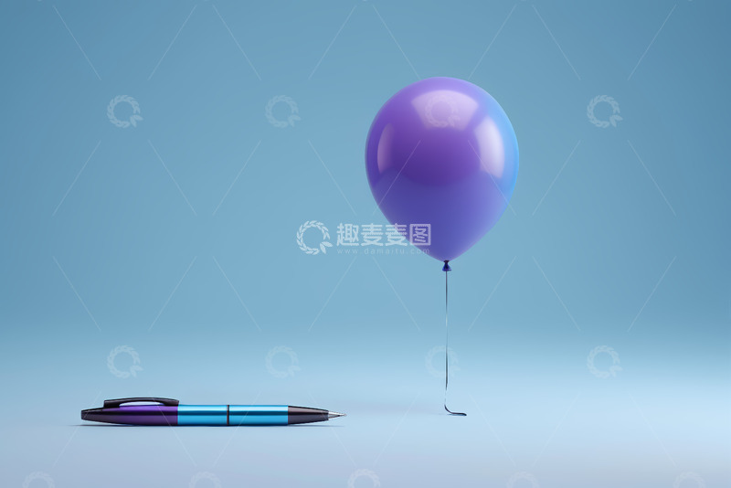 高清大图下载【趣麦麦图】紫色气球与蓝色钢笔素材