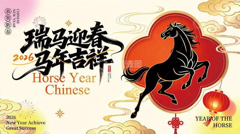 源文件下载【趣麦麦图】瑞马迎春马年吉祥展板海报设计