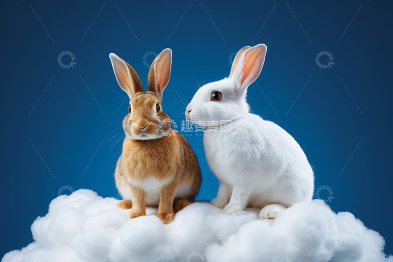 高清大图下载【趣麦麦图】两只兔子坐于云朵上