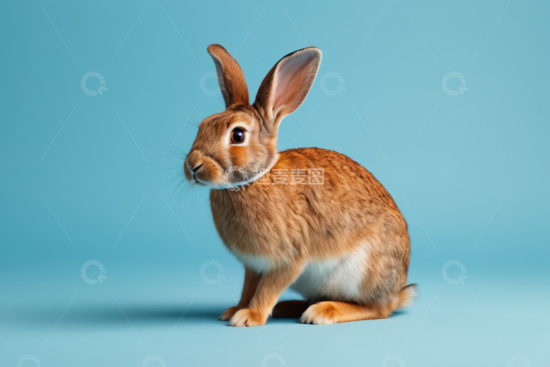 高清大图下载【趣麦麦图】蓝色背景下的棕色兔子特写