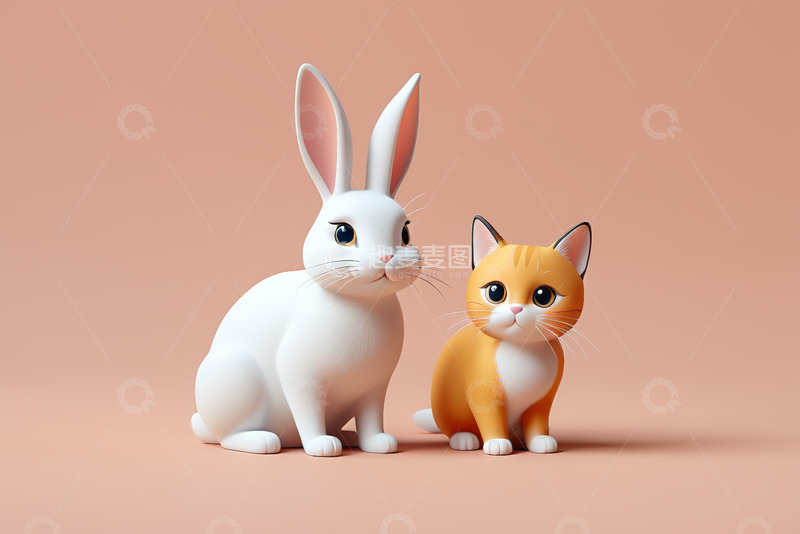 高清大图下载【趣麦麦图】白兔与橘猫卡通形象