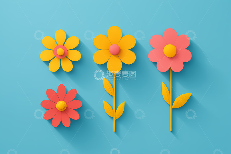 高清大图下载【趣麦麦图】蓝色背景上的彩色花朵装饰