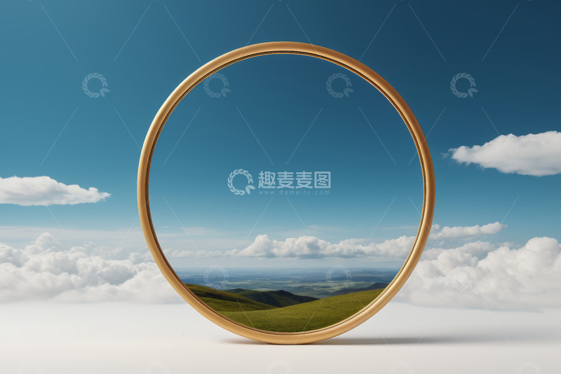 高清大图下载【趣麦麦图】金色圆环框住天空与绿野