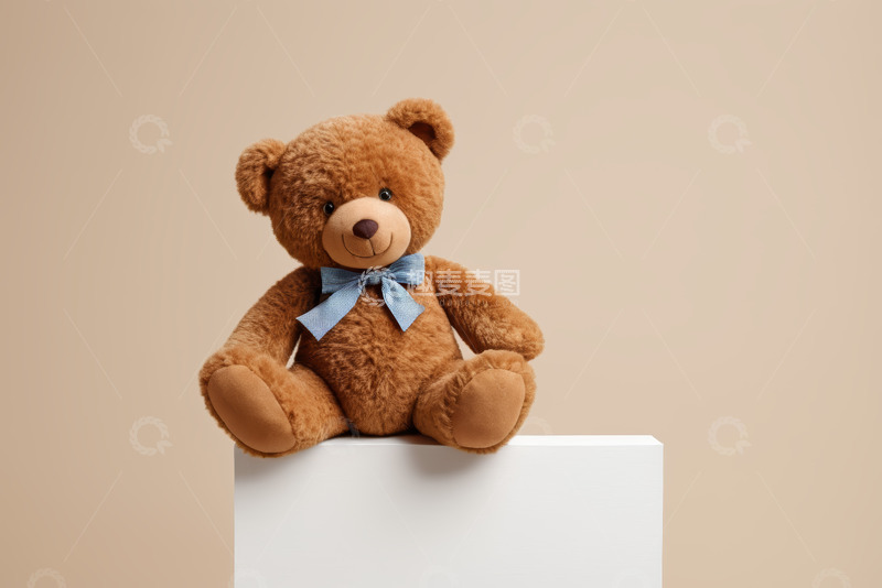 高清大图下载【趣麦麦图】棕色小熊玩偶坐在白色平台上