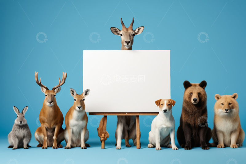 高清大图下载【趣麦麦图】多动物围绕空白画板场景
