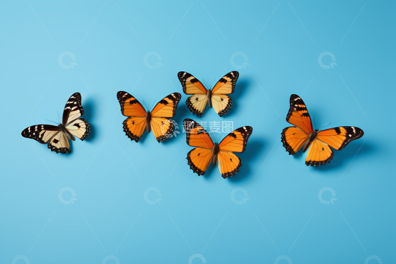 高清大图下载【趣麦麦图】蓝色背景上的多彩蝴蝶
