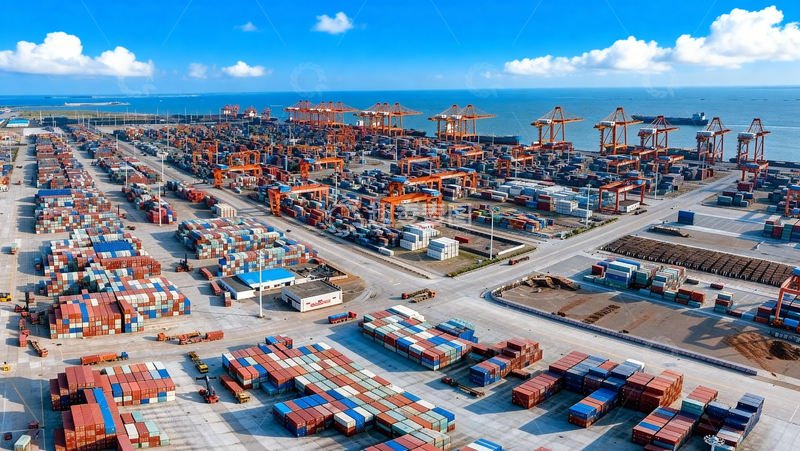高清大图下载【趣麦麦图】蓝天下航拍集装箱港场景
