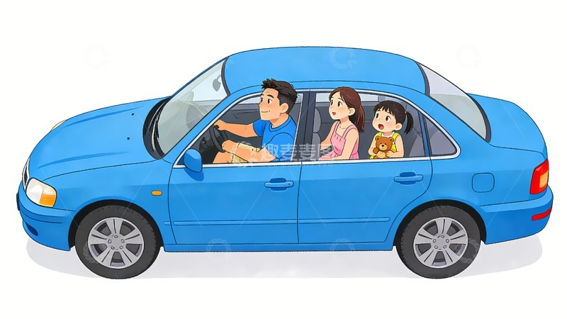 高清大图下载【趣麦麦图】一家人开蓝色车自驾游