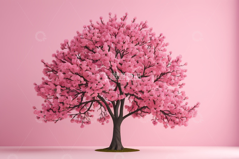 高清大图下载【趣麦麦图】粉色背景下盛开的樱花树