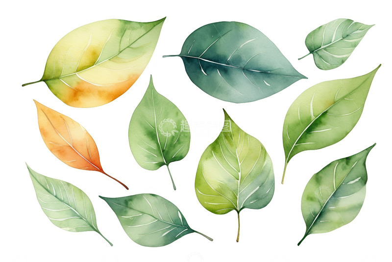 高清大图下载【趣麦麦图】水彩风格多色树叶素材