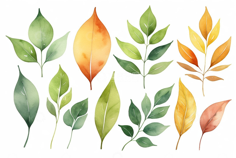 高清大图下载【趣麦麦图】水彩风格多样树叶插画素材