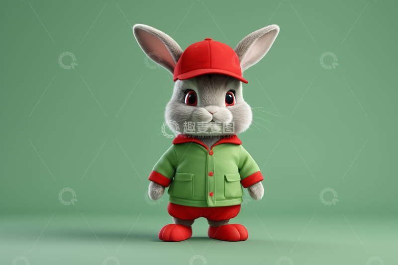 高清大图下载【趣麦麦图】戴帽穿绿衣的卡通兔子形象