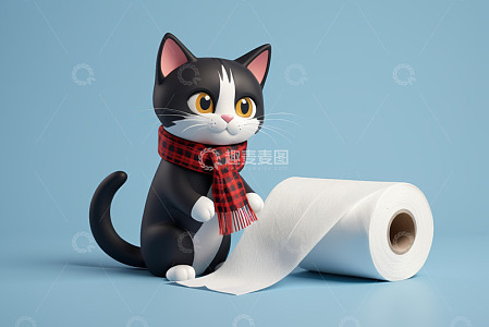戴围巾的卡通猫与卫生纸