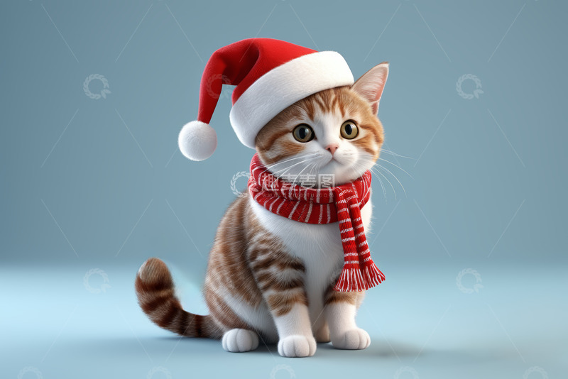 高清大图下载【趣麦麦图】戴圣诞帽围巾的小猫
