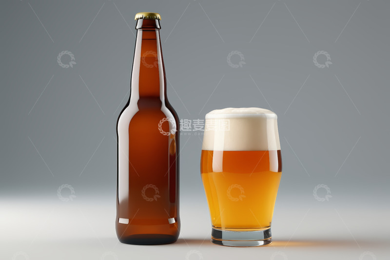 高清大图下载【趣麦麦图】棕色啤酒瓶与满杯啤酒静物