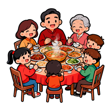 卡通家庭聚餐团圆饭插画