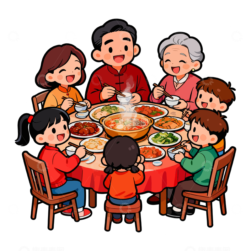 源文件下载【趣麦麦图】卡通家庭聚餐团圆饭插画