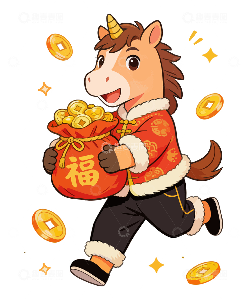 源文件下载【趣麦麦图】卡通马年喜庆金币插画