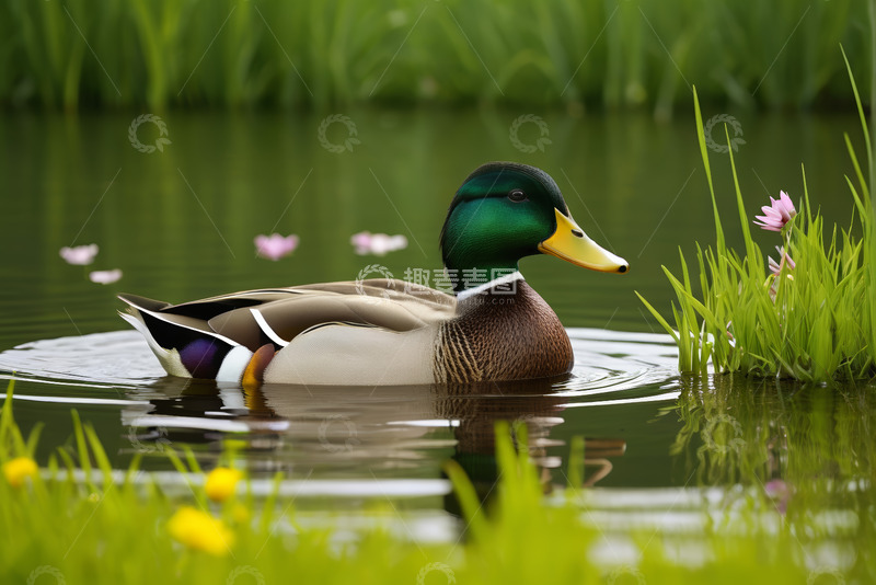 高清大图下载【趣麦麦图】池塘中游泳的绿头鸭
