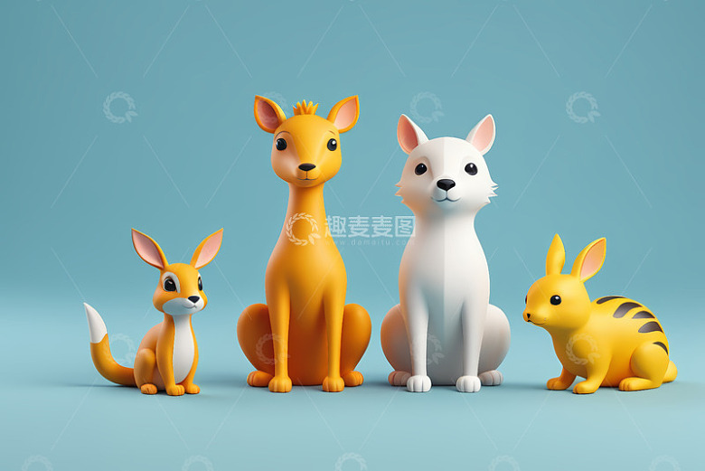 四只卡通动物造型3D模型
