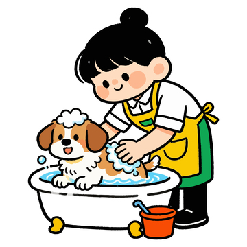 卡通宠物洗澡场景插画