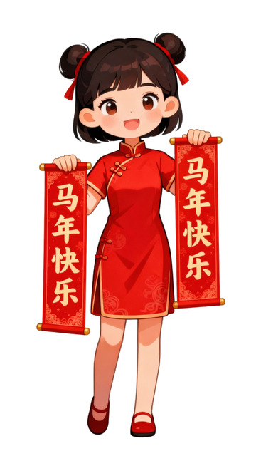 马年拿着对联的可爱小女孩